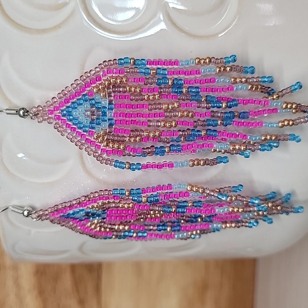 Bohemian Beaded Fringe Earrings - Pink, Blue, Gold - Picture 7 of 7